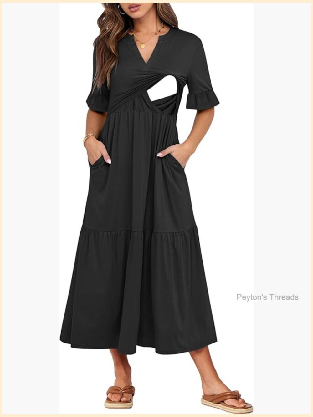 Nursing Summer Maxi Dress Ruffle Short Sleeve V Neck Tiered with Pockets